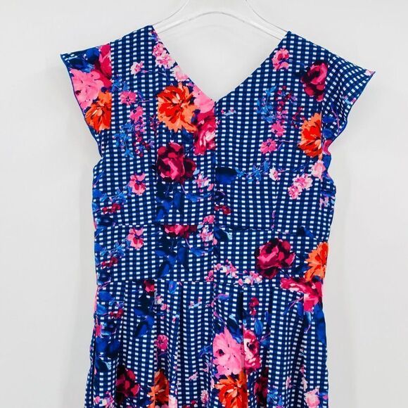 Chris McLaughlin Size 14 Navy Blue Checked Floral Flutter Sleeve Midi Dress - Picture 8 of 10